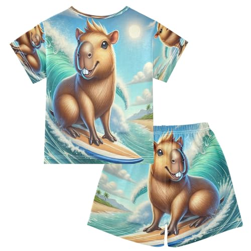 Summer Capybara Waves Pajama Set Short Sleeve Nightwear Soft Clothes Set Summer Pajamas Cotton 5Y2