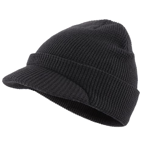 Home Prefer Mens Wool Blend Winter Hat Double-Layer Warm Knit Pre-Curve Visor Beanie Brimmed Beanies Hat for Men Women (US, Alpha, One Size, Black)
