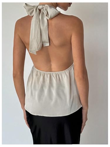 MakeMeChic Women's Satin Halter Tops Metal Ring Tie Open Back Asymmetrical Ruffle Tank Tops3