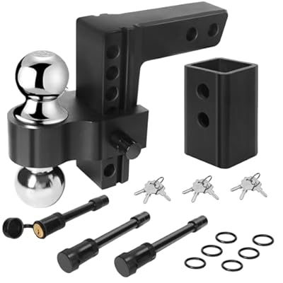 YOUNGFLY Adjustable Trailer Hitch, Fits 2“ Receiver, 6-inch Drop/Rise Aluminum Hitch, 12500 LBS GTW-Tow Hitch for Heavy Duty Truck with Three Stainless Steel Locks, Black
