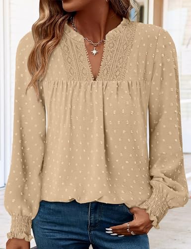 BETTE BOUTIK Women Boho Long Sleeve Shirts Dressy Casual V Neck Fall Fashion Tops Swiss Dot Flowy Blouses