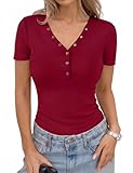 Aottori Damen T-Shirt Elegant mit V Ausschnitt Knopfleiste Oberteile Sommer Basic Tee Shirts Frauen Kurzarmshirt Casual Tops Rot L