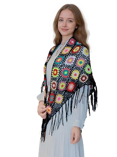 55x25in Handmade Crochet tassels Fringed Poncho Cape Shawls Wraps Granny Square Womens Coat Sweater2