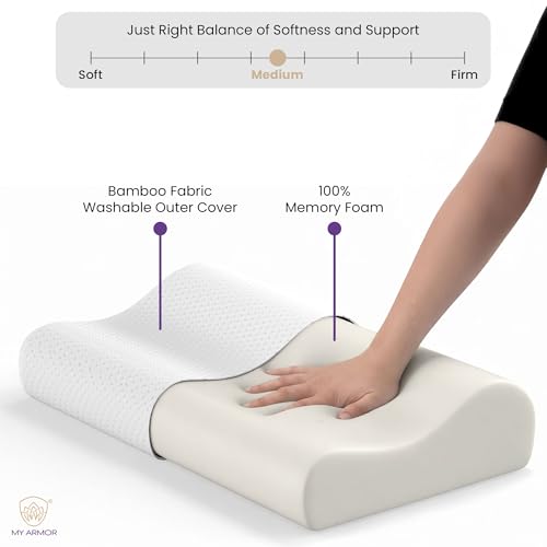 Image of MYARMOR Cervical Pillow for Neck Pain | Contour Design for Neck & Shoulder Pain Relief | Dual Height Ergonomic Support | 18 x 11 x 3.5 Inch | 2 Years Warranty | White Bamboo Cover - Pack of 1