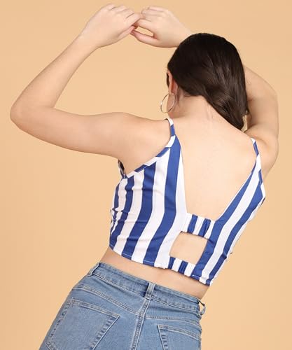 Image of POPWINGS Women Casual Blue & White Stripe Print Strap Crop Top