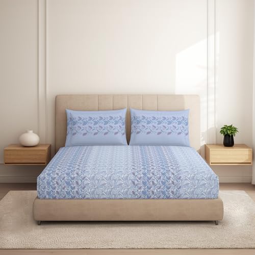 Image of Spaces Welspun Ease 120 TC 100% Cotton Floral Print Double Bedsheet with 2 Pillow Covers - Soft Feel, Easy Care & Skin Friendly - 224X254 Cm - Light Violet