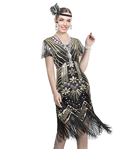 Image of Women 1920s Gatsby Vintage Sequin Flapper Fringe Party Plus Dress with 20s Accessories Set