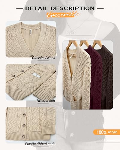 GRECERELLE Women 2025 Fall Long Sleeve Cable Knit Sweater Button Open Front Cardigan Loose Outerwear Coat with Pockets2