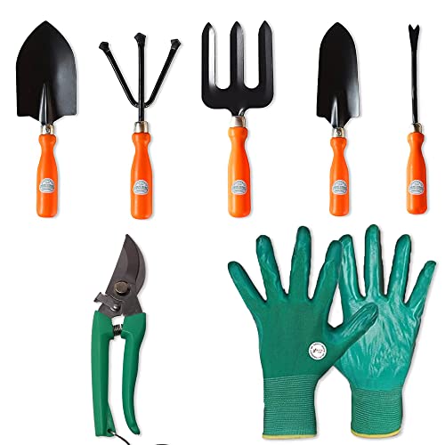 Kraft Seeds Gardening Tool Kit – 7 Pcs (Hand Cultivator, Hand Fork, Big Hand Trowel, Small Hand Trowel, Hand Weeder, Garden Hand Gloves, Pruner) | Sturdy And Durable Essential Tools for Home Gardens