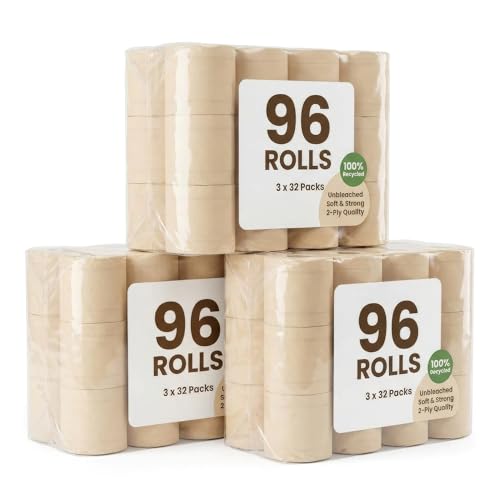 Bargainia Natural 2 Ply Toilet Paper 96 Rolls (3 x 32) Soft and Strong Unbleached 100% Recycled Cellulose Natural White Eco-Friendly Bulk Buy for Home and Family