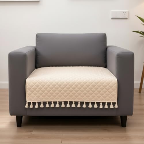 Image of HOMEMONDE 1 Seater Quilted Velvet Sofa Cover with Tassels |Soft, Durable & Premium Fabric with Tassels | Sofa Cover Mats for Living Room, Bedroom, or Drawing Room (76 X 61 CM, Beige)