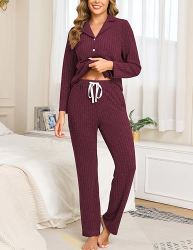 Image of Veseacky Women's Ribbed Knit Pajamas Set 2 Piece Warm Soft Loungewear Sleepwear Pjs S-XXL