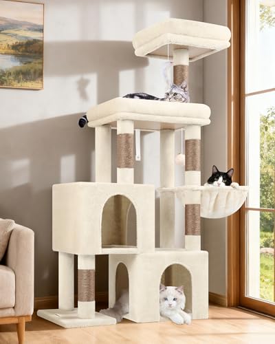 Globlazer Arbre a Chat Beige avec 2 Niches, Grande Doux Rembourrage Plate-Forme, Perchoirs, Paniers, Jouets, Stable Arbres à Chats Hauteur 134 cm pour Chaton...