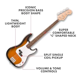 Fender Squier Debut Series Precision Bass Guitar, Beginner Guitar, with 2-Year Warranty, Includes Free Lessons, 2-Color Sunburst with Matte Finish