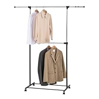 2-Tier Rolling Garment Rack, Adjustable Clothes Rail with Wheels, Mobile Storage Stand