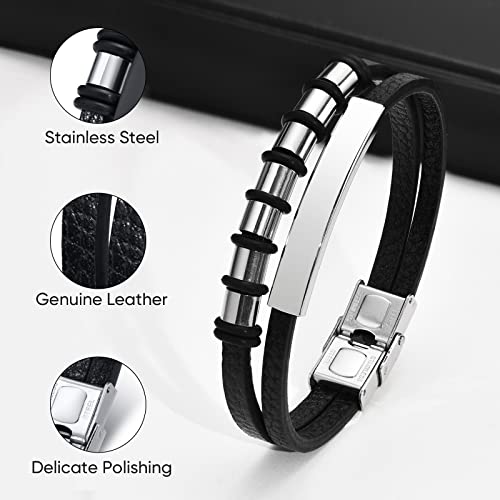 Vnox Personalized Name Bracelet For Men - Personalized Mens Women Silver Braid Leather Bracelets With 3 Names Engraved In Custom Beads Custom Id Name Bracelet For Men Husband Father,Silver #TOP4