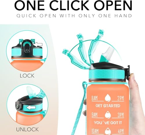 Image of TEKCOOL Motivational 1L Capacity Orange Green Plastic Bottle with Straw | Leakproof, Durable, BPA-Free | Ideal for School /College /Office /Travel, Sports /Outdoor Activities'
