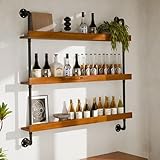 Anynice Industrial Wine Rack Wall Mounted, Solid Wood Shelf with Metal Pipe Brackets, 3-Tier Rustic Hanging Organizer for Wine Bottle Storage in Kitchen, Bar, Pub, Cellar(Walnut Brown, 48 Inch)