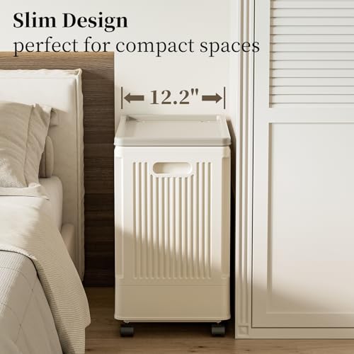Image of HAIXIN HOME Slim Rolling Laundry Hamper with Lid, 60L Foldable Plastic Laundry Basket on Wheels with Handle, Dirty Clothes Hamper Cart for Narrow Spaces, Bedroom, Bathroom, Closet, Dorm, Under Table