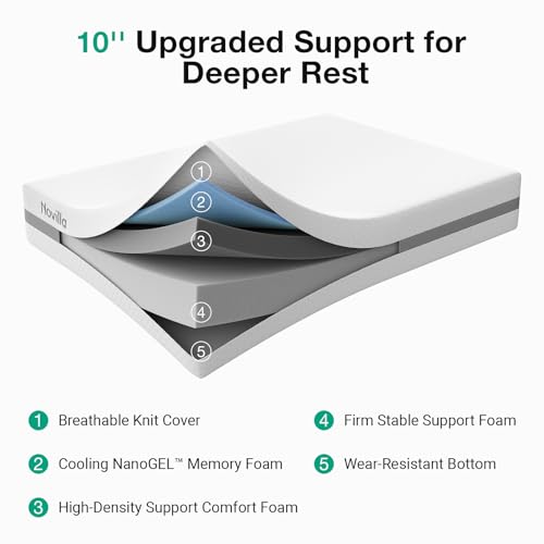 Image of Novilla Full Mattress, 10 Inch NanoGEL Memory Foam Mattress Full Size for Cooling Rest, Upgraded Dual-Support for Spinal Alignment & Durability, Medium Firm Foam Mattresses with Breathable Cover