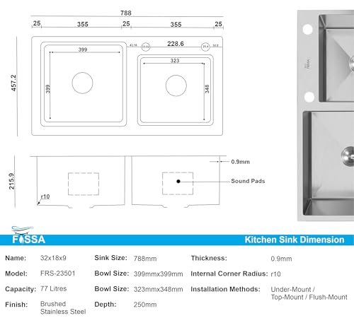 Image of Fossa 32 inch x18 inch x 09 inch Inch Premium Stainless Steel Double Bowl Kitchen Sink with Tap Hole, Drain Basket, Soap Dispenser, Drain, Round Coupling - Topmount Sink for Campervan or Silver (Matte Finish)