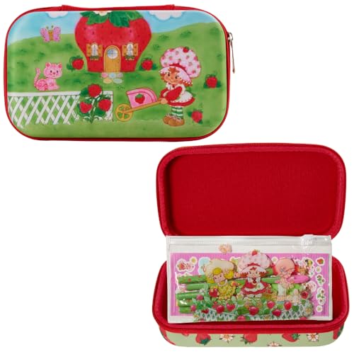Innovative Designs Strawberry Shortcake Pencil Case Set with Stickers and Gel Pens for Kids Molded with Zip Closure Pink