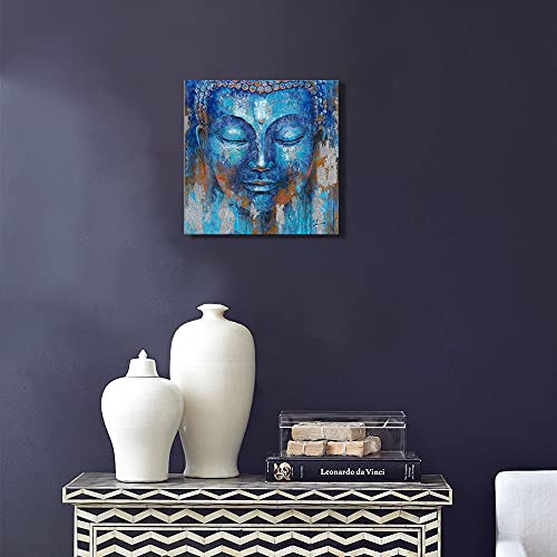 Yidepot Buddha Wall Art Canvas Painting Indigo Blue Gautama Head Picture Zen Meditation Buddhism Statue Decor For Bathroom Framed Easy To Hang (14"X14"X1 Panel) #TOP2