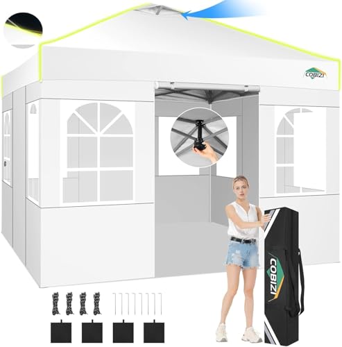 Image of COBIZI 10x10 Pop Up Canopy - One Push Setup Tent, Glow Strips, 4 Sidewalls