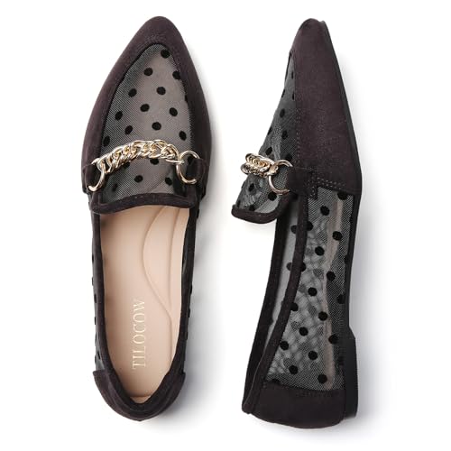 Image of Tilocow Metal Chain Loafers for Women Pointed Toe Slip on Flats Comfortable Fashion Work Shoes