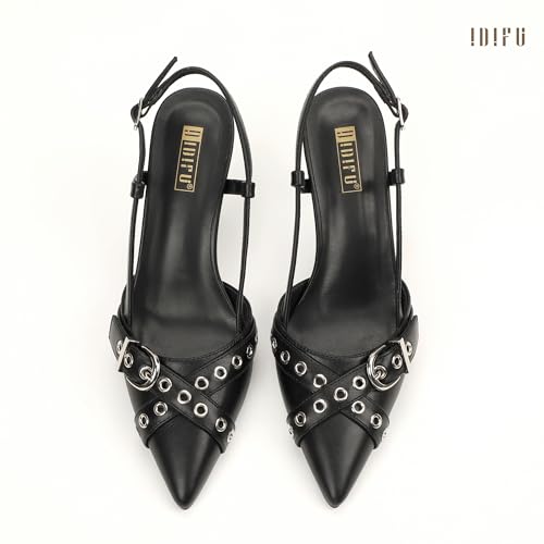 Image of IDIFU IN3 Slingback Kitten Heels for Women Stiletto Heel Closed Pointed Toe Pumps Buckle Straps Dress Shoes Sexy Prom Party Work Trendy Fashion Comfortable Pumps Dressy Shoes