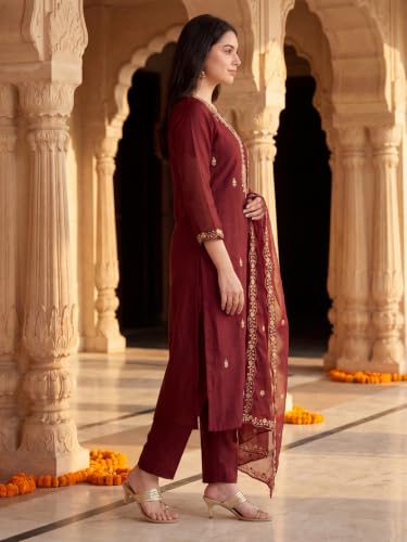 Image of INDO ERA Women's Silk Blend Embroidered Kurta & Pant with Dupatta Set | Kurta Sets For Woman