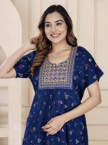 Image of DIAMO Pure Cotton Embroidery Nighty for Women, Cotton Night Gown, Night Maxi Gown, Cotton Nighty with a Pocket and Adjustable Knot