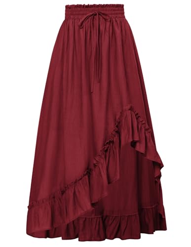 Scarlet Darkness Renaissance Midi Skirt Asymmetrical Ruffle Summer Flowy Skirts Wine Red M