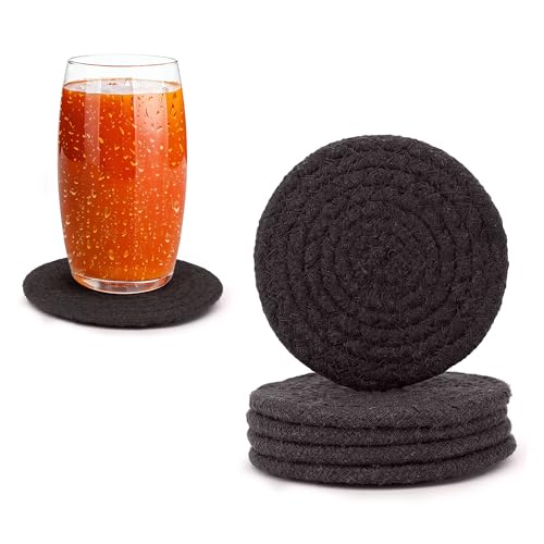 Image of Encasa XO Drink Coasters Set of 6 | Dark Grey with Round (9 cm) | Handcrafted Ribbed Cotton | Absorbent & Heat-Resistant | Use for Tea, Coffee Table & Desk