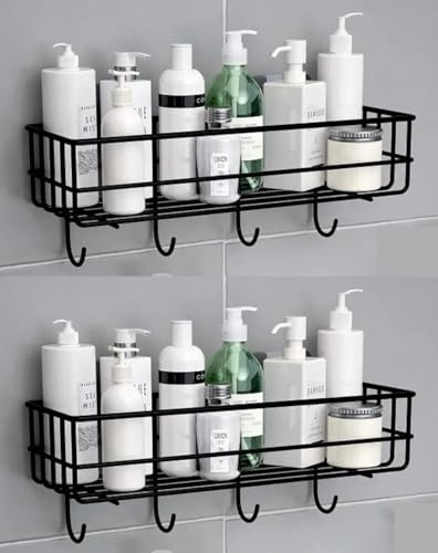 Image of Xmart India Bathroom Shelf for Wall, Self Adhesive Bathroom Organiser, 4 Hooks for Towel Holder, Wall Mounted Bathroom Shelf, Bathroom Organiser Without Drill Kitchen Organizer Rack(2 Pcs, Black)