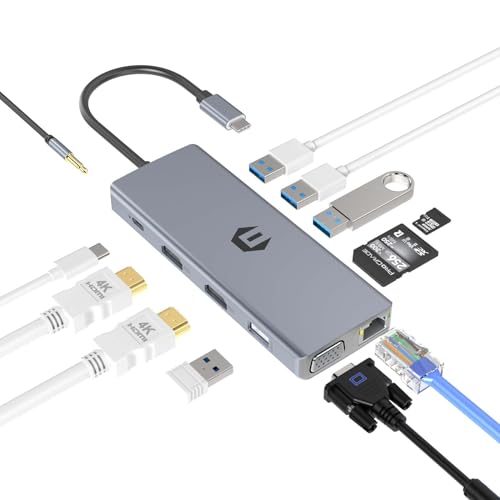 USB C Hub, TOTU 13-in-1 USB C Docking Station with Ethernet, 4K USB C to 2 HDMI, VGA, 2 USB 3.0, 2 USB 2.0, 100W PD, SD/TF Cards Reader, Mic/Audio Docking Station for XPS and Other USB C Devices