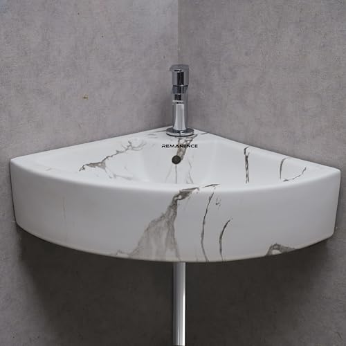 Image of REMANENCE Ceramic Wall Hung Corner Wash Basin for Bathroom | Wall Mounted Corner Sink (20.4 x 15 x 6 Inch) (White Black Stripe)