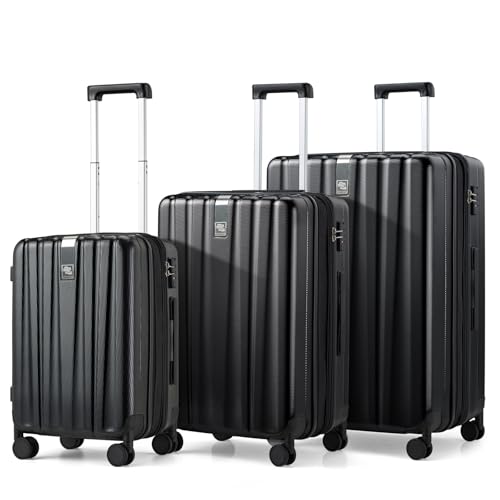 Image of Hanke Expandable Hardshell Luggage Sets 3 piece Carry on Luggage with Wheels Suitcases Lightweight Checked Travel Luggage Rolling Large Suitcase Travel Luggage Bag Woman Men 20 /24 /29 Inch(Jet Black)