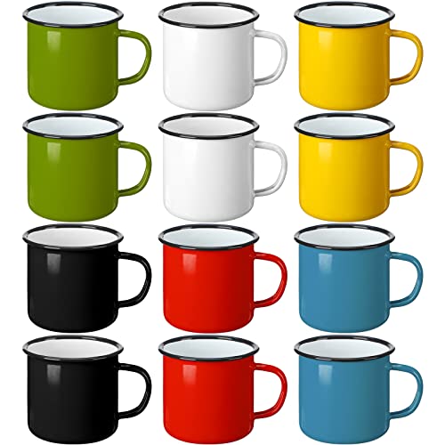Yinder 12 Pack Enamel Camping Mugs 12 oz Coffee Mugs with Handle Portable Camp Drinking Cups Bulk Vintage Metal Cups for Home Office Party Supplies(Multi Colors)