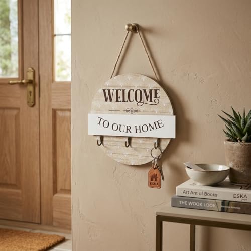Image of CraftVatika Wooden Wall Key Holder with 3 Hooks, Round Decorative Key Rack Organizer for Wall, Entryway Holder for Home Entrance, Wall Mounted Stand for Home Decor, Housewarming Gift Item