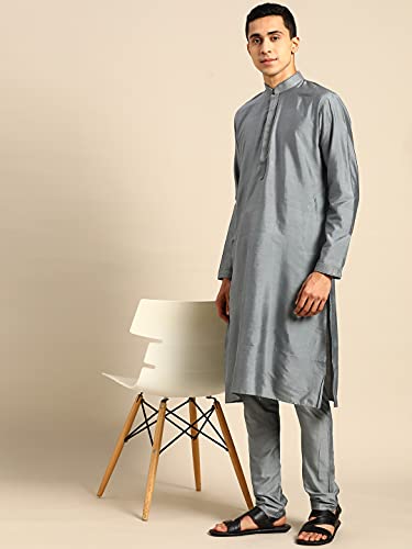 Image of Rajubhai Hargovindas Men's Banarasi Cotton Silk Thread Work Kurta Set With Churidar