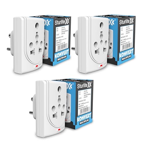 Image of Sturlite Konvert Multiplug| 6-16 Amp| 2-Pin & 3-Pin Socket| Universal AC Travel Adapter| Premium Polycarbonate Body Socket| Compact Converter Plug for Travel, Home & Office Use - Pack of 3