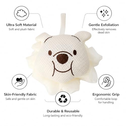 Image of Luxe Home International Bath Sponge For Kids And Adult Microfibre Soft Shower Loofah Panda Pattern Gentle Skin Exfoliating Body Scrubber For Toddler Cream 10x12cm Pack Of 1