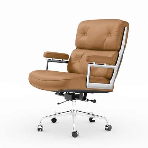 Genuine Leather Office Chair, Mid Back Executive Desk Chairs with Aluminum Arms and Wheels, Swivel Office Leather Chair with Thickened Backrest and Ergonomic Lumbar Support, Light Brown