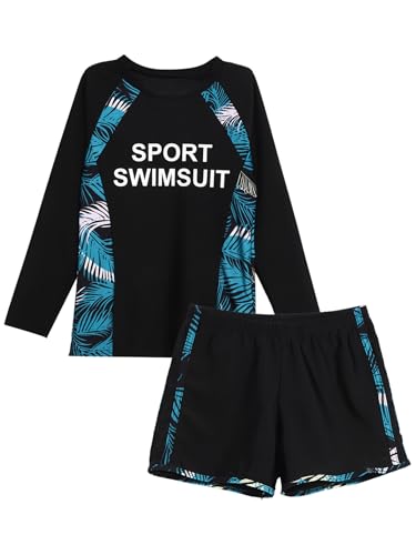 Hedmy Girls 3 Pcs Letter Print Swimsuit Long Sleeve Chest Pads Swimwear Rash Guard Top with Shorts and Pants