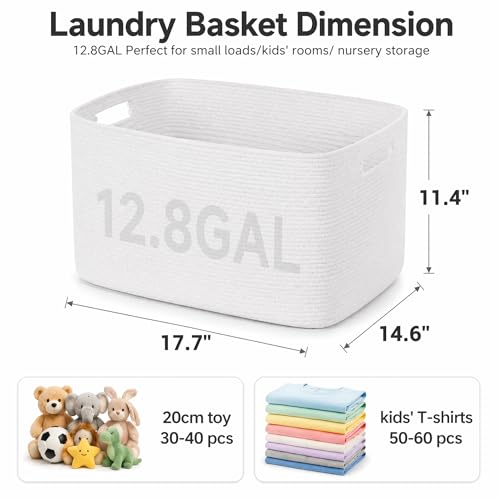 Image of Cotton Rope Laundry Basket Small, 12.8GAL Collapsible Woven Storage Baskets for Living Room Kids Toys Stuffed Animal,Boho Rectangular Decorative Short Hamper for Dirty Clothes, Blankets Pure White