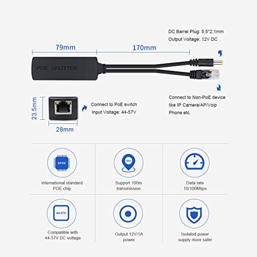Adaptador Divisor PoE Ethernet 48V a 12V, compatible con 10/100/1000Mbps PoE estándar IEEE 802.3af, salida de 12V para Cámara de Vigilancia (Paquete de 2) miniatura 4