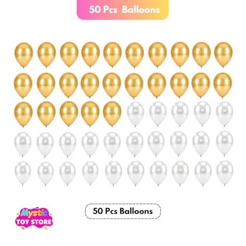 Image of 50 Pcs Gold White Metallic Chrome Balloons for Birthday Decoration Items Anniversary Baby Shower Girls Year With Latex Transparent Metallic Balloon Happy Birthday Decoration Set Kit Combo