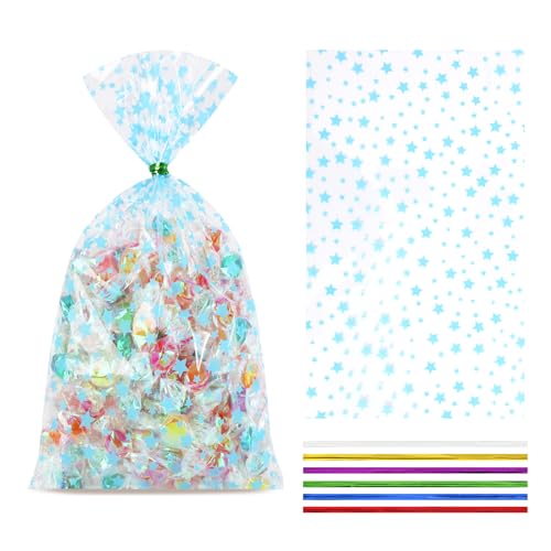 COQOFA 100 Pcs Blue Star 5"X11" Gift Wrap Cello Cellophane Treat Bags Clear Candy Cookie Plastic Poly Goodie Storage Bags with Twist Ties for Baby Shower, Gender Reveal, Birthday