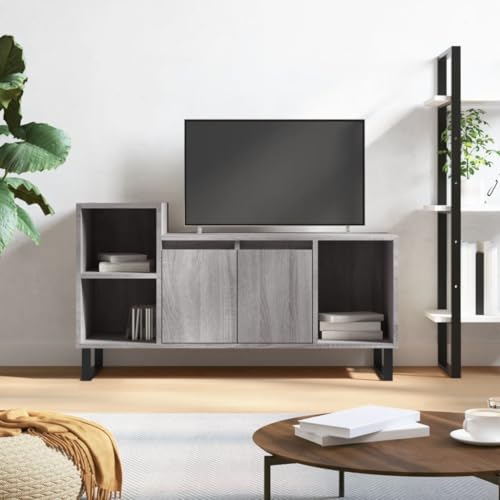 Cartvyn Armario para TV Sonoma gris de madera 100 x 35 x 55 cm con 5 compartimentos y puertas, moderno aparador bajo para sala de estar, espacio para TV y decoración